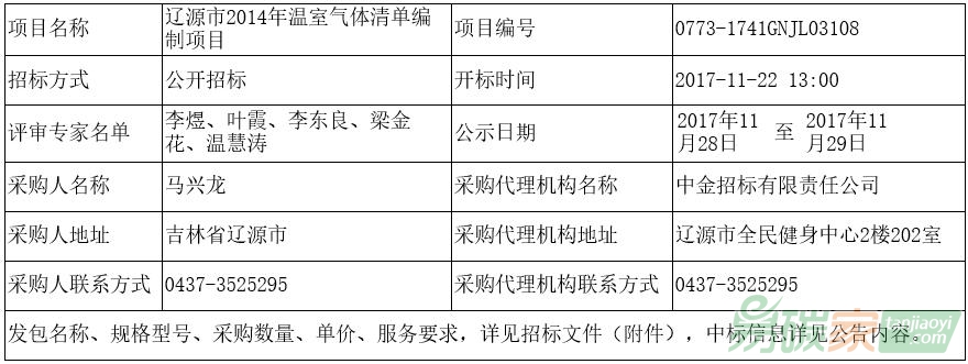 吉林省遼源市2014年溫室氣體清單編制項目中標、成交結(jié)果公告